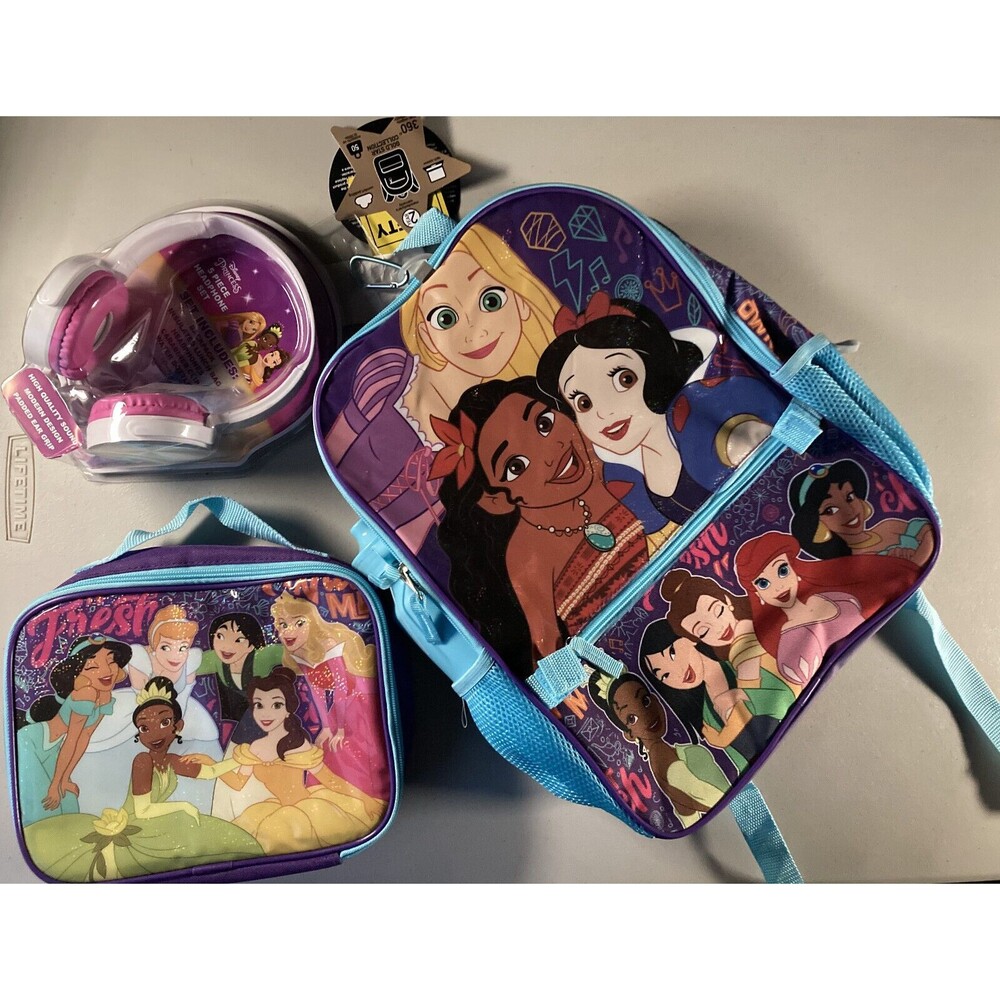 Disney Princess Backpack Set with Headphones, Lunch Box, Water Bottle • NEW